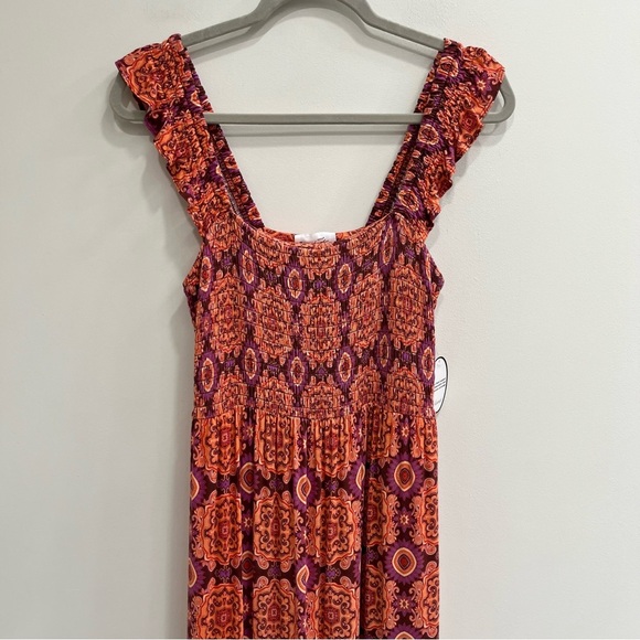 Soma Weekend Medallion Ruffle Sleeve Maxi Dress Pockets Built in Bra Smocked SM - Picture 4 of 12